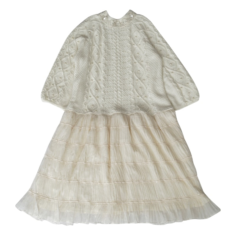 Wool Handmade Beaded Sparkling Elegant Big Skirt False Two-Piece Loose Sweater Dress