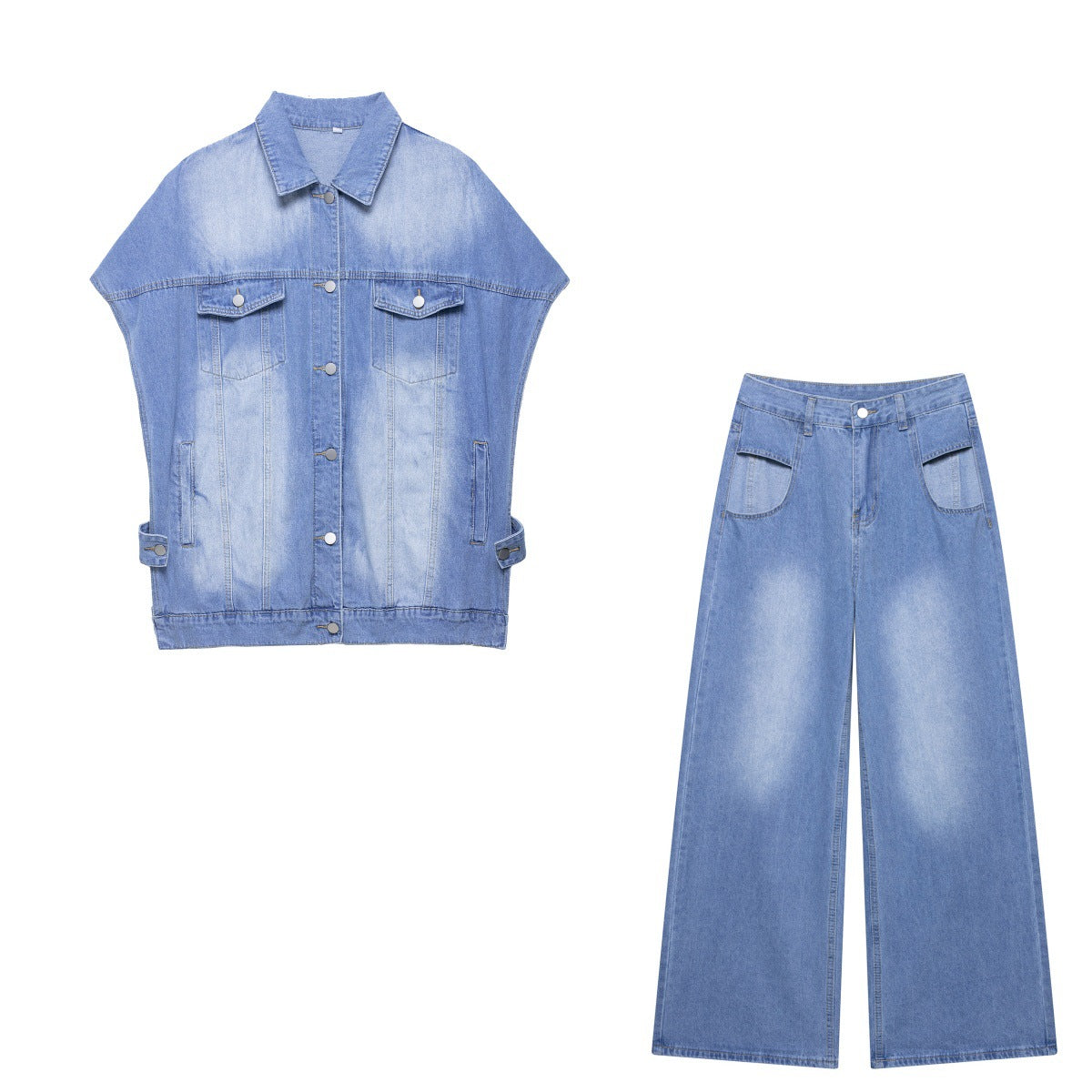 Women's European and American style short sleeved denim vest+hollowed out jeans set