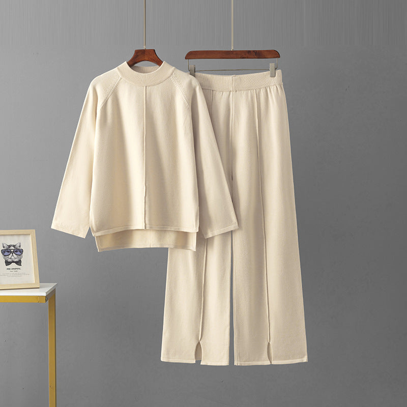 Solid color round neck sweater wide leg pants set
