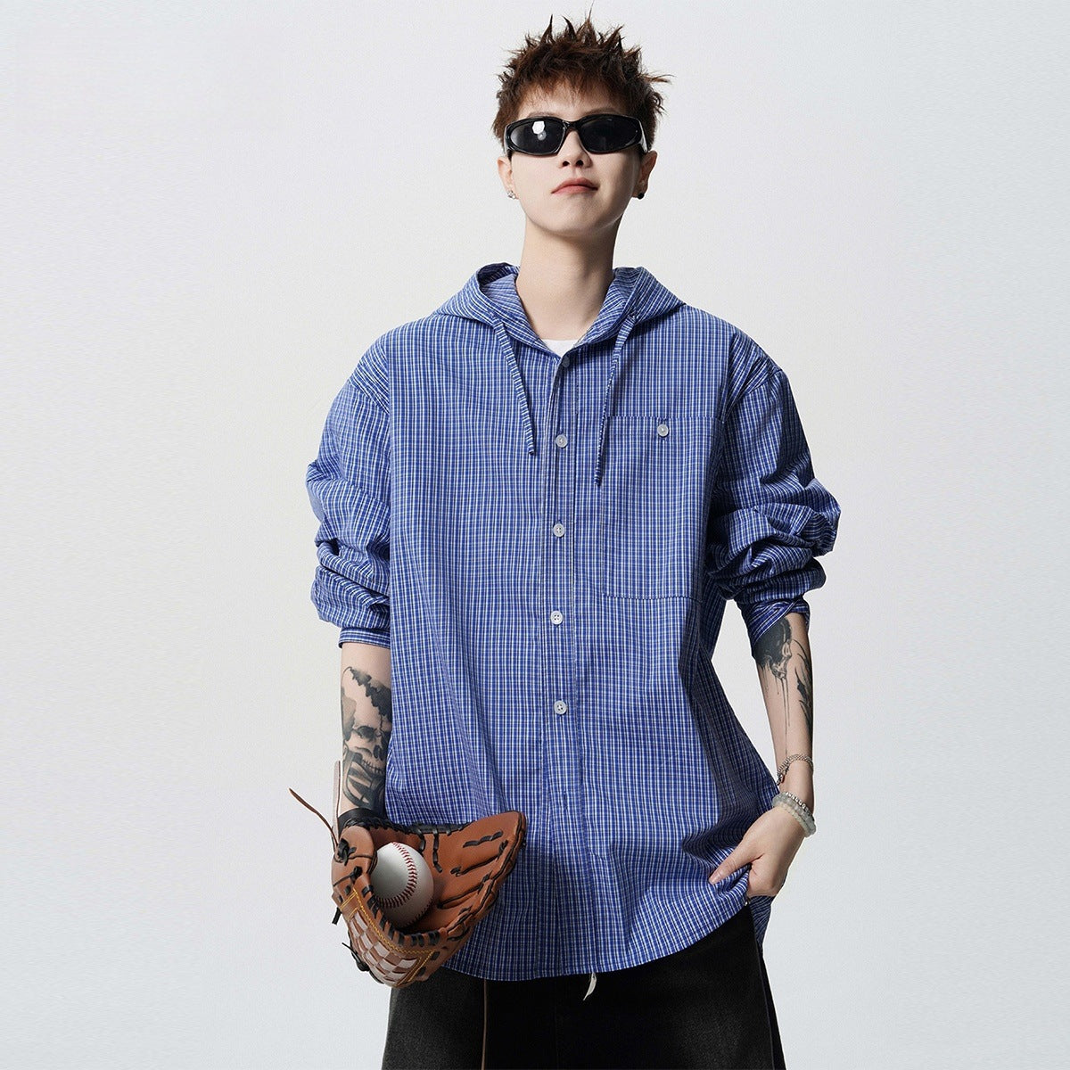 Checkered hooded long sleeved sunscreen shirt casual shirt jacket
