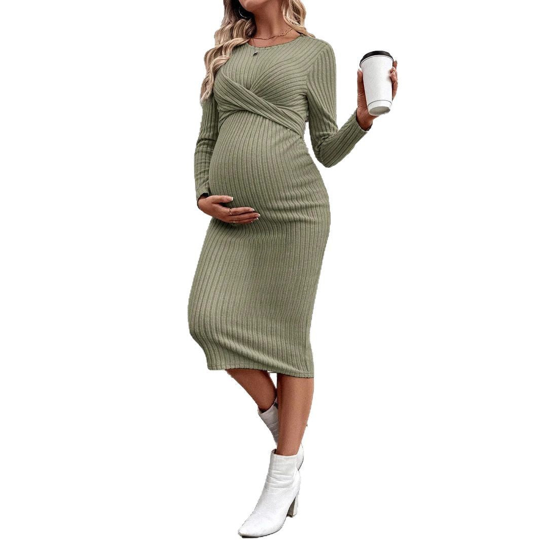 Long Sleeve Maternity Dress Elegant Knot Slim Fit Maternity Dress Full Length Dress