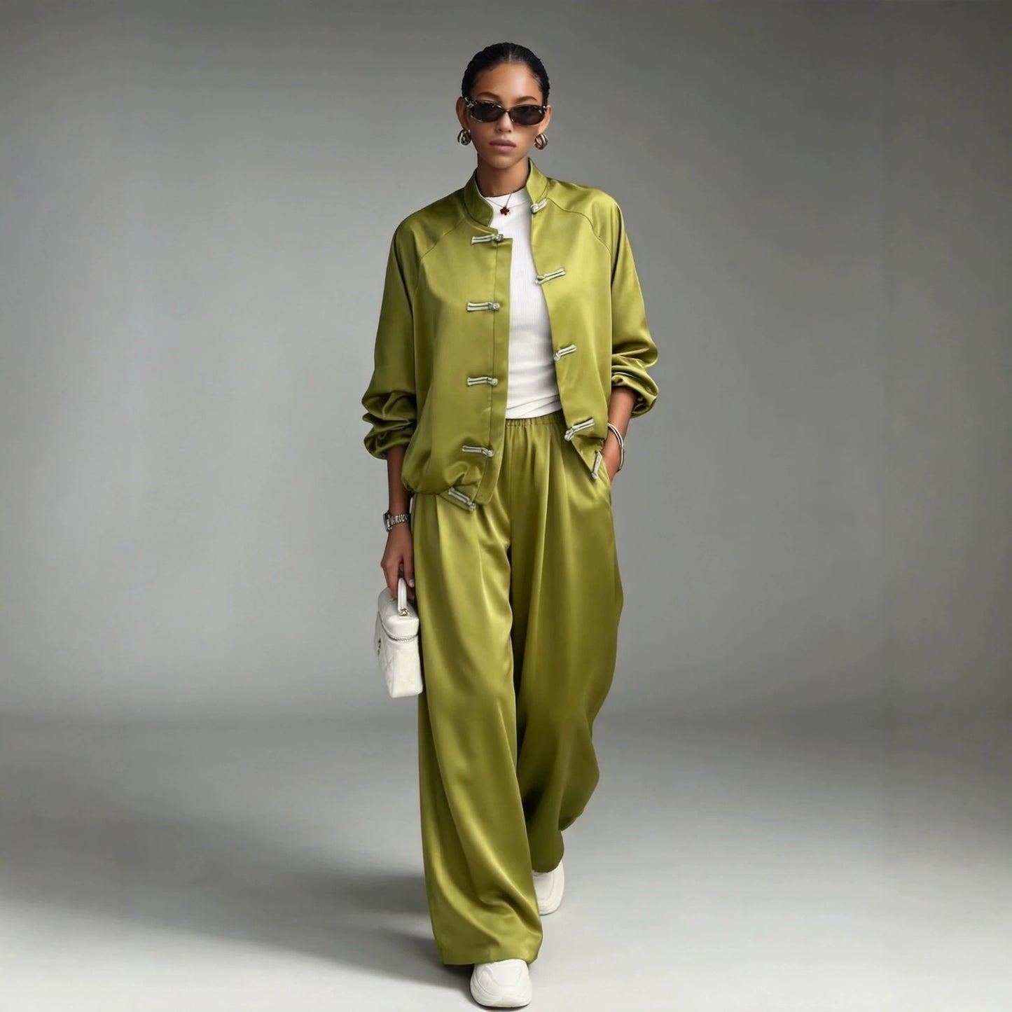 Satin set with hanging wide leg pants and drawstring two-piece set