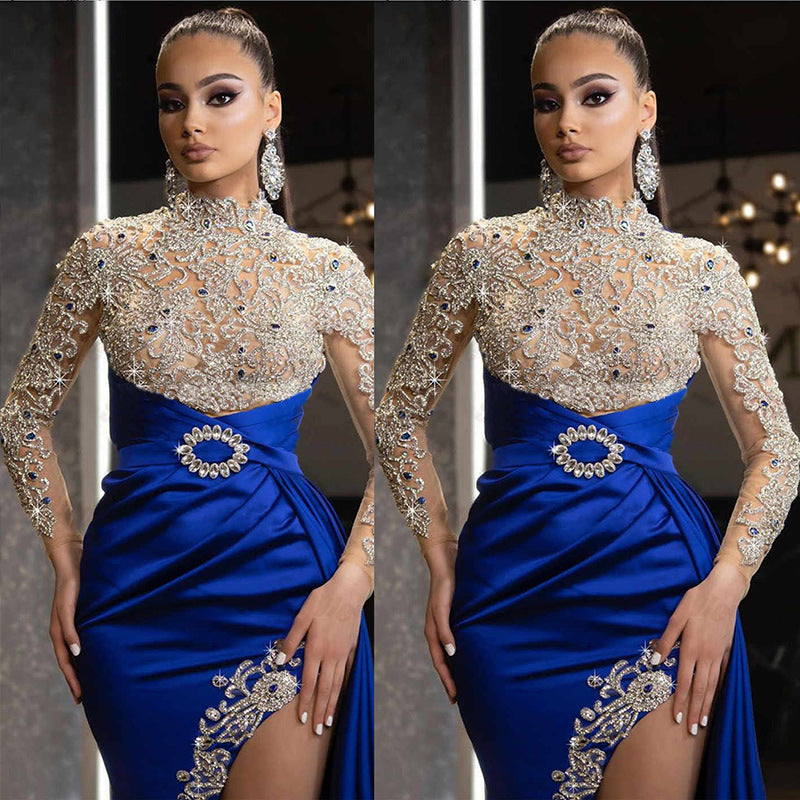 Elegant Blue Gold-Sprinkled Round Neck Long Dress for  Formal Evening Gown