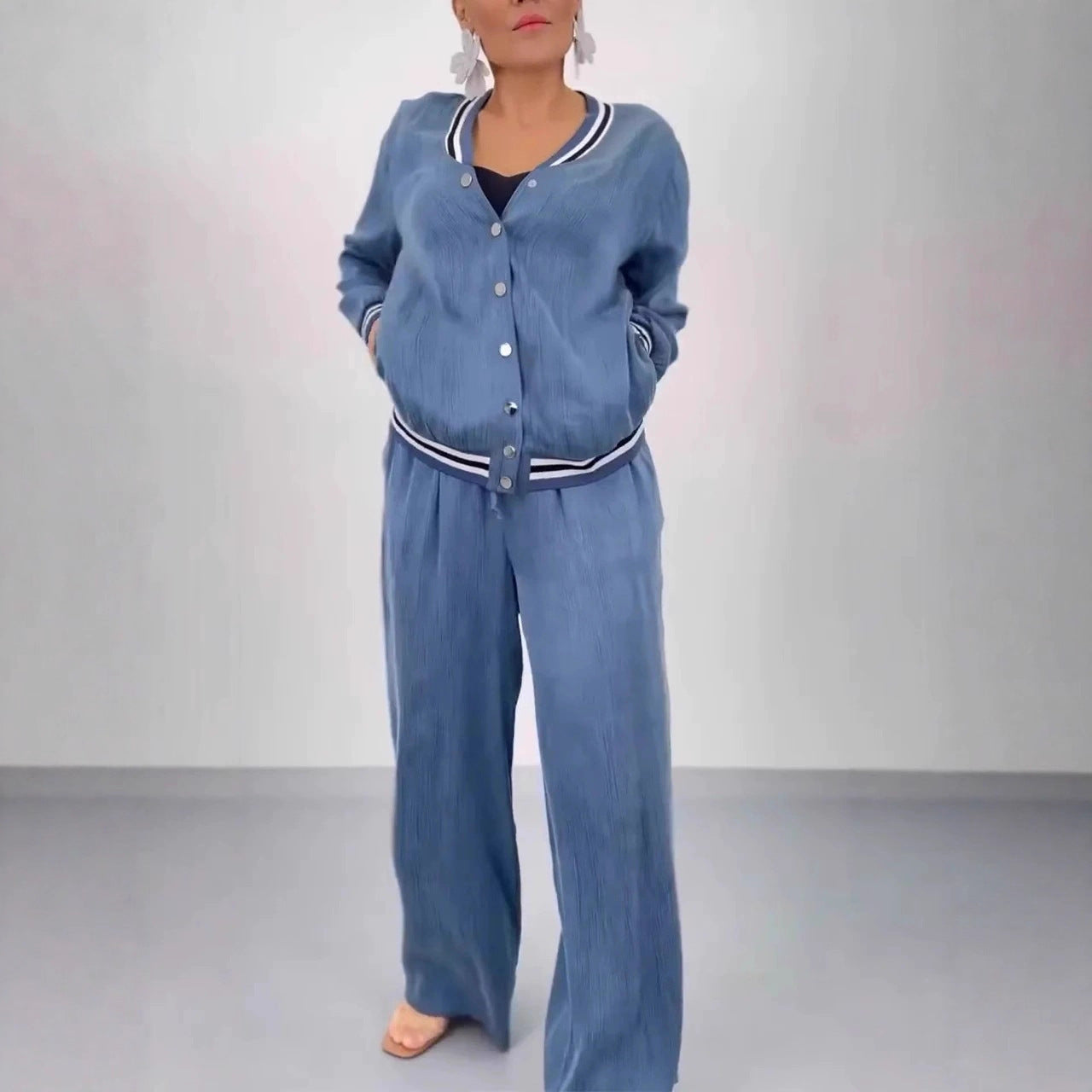 Style Patchwork Round Neck Cardigan Casual Top Wide Leg Pants Set for Women