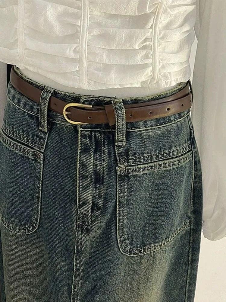 Cement Gray High-Waisted Mid-Length A-Line Denim Skirt with Slit Design for Women, Casual and Versatile Step Skirt