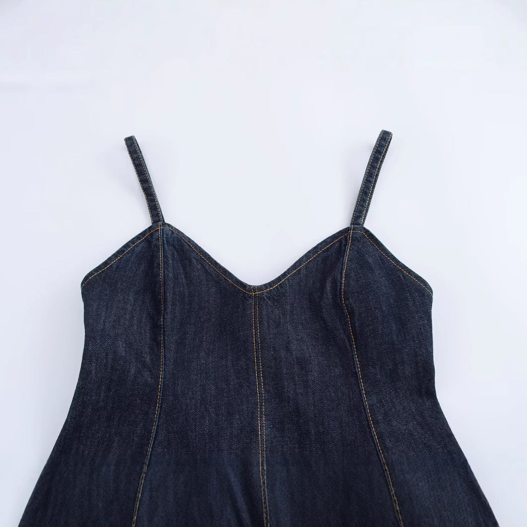 Fashionable and versatile wave style wide swing suspender denim top for women