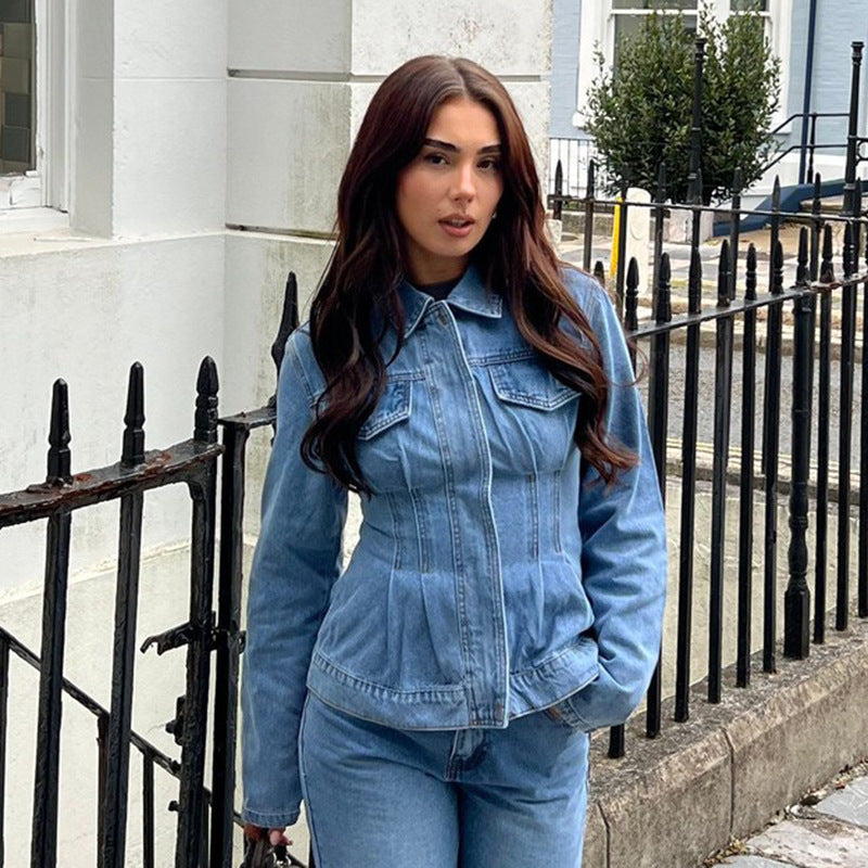 Pocket denim zipper solid color jacket