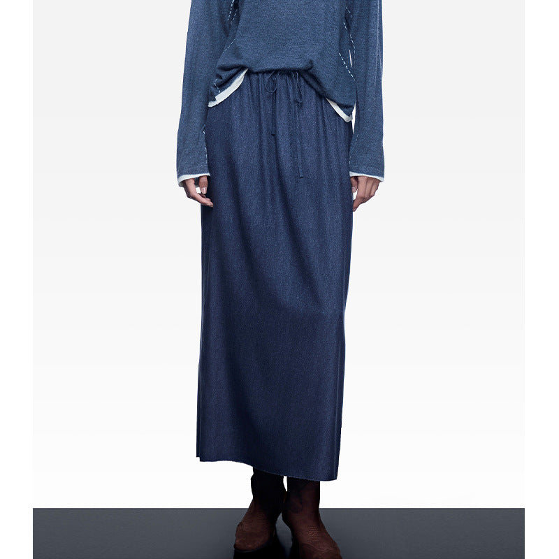 Casual Straight-Leg Vintage High-Waisted Unique Denim Maxi Skirt with Elastic Waist, Slimming Design