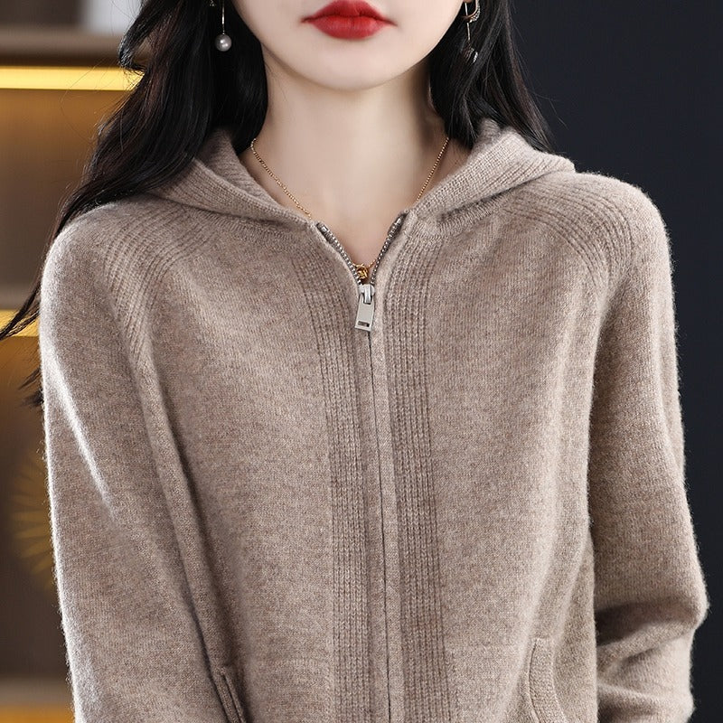 Hooded Zipper Knit Cardigan Women Long Sleeve Versatile Loose Sweater Coat Fashion Top