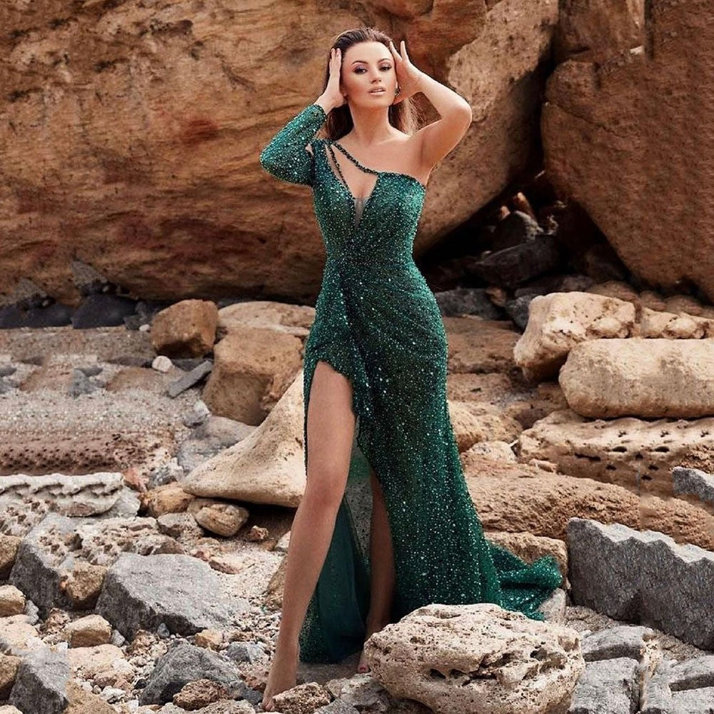 Dreamy Lady Gathering Party Elegant Sexy High-Slit Long Sleeve Sequin Evening Gown