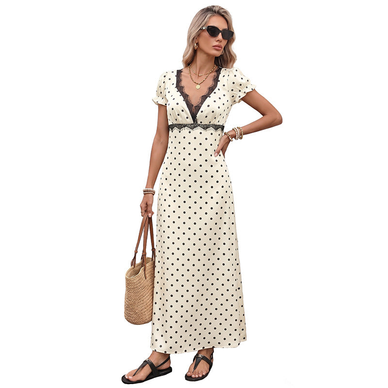 French Vintage Style Polka Dot Lace Spliced Deep V-Neck Backless Maxi Dress