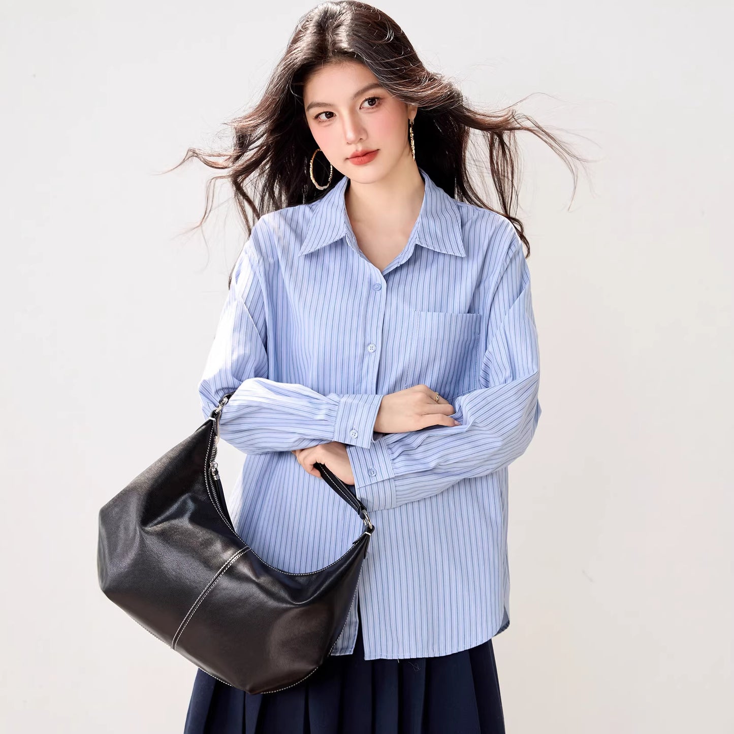 Elegant Stripe Shirt for Women, Long SleeveFashionable and Versatile Charming and Sophisticated Blouse