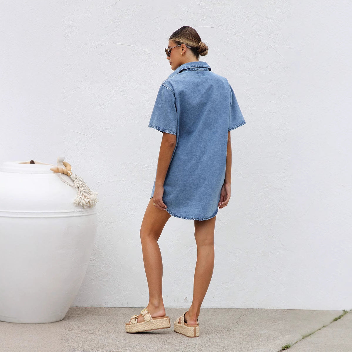 Denim Short Sleeve Open Front Shirt Dress for Women with Turn-Down Collar and Loose Fit