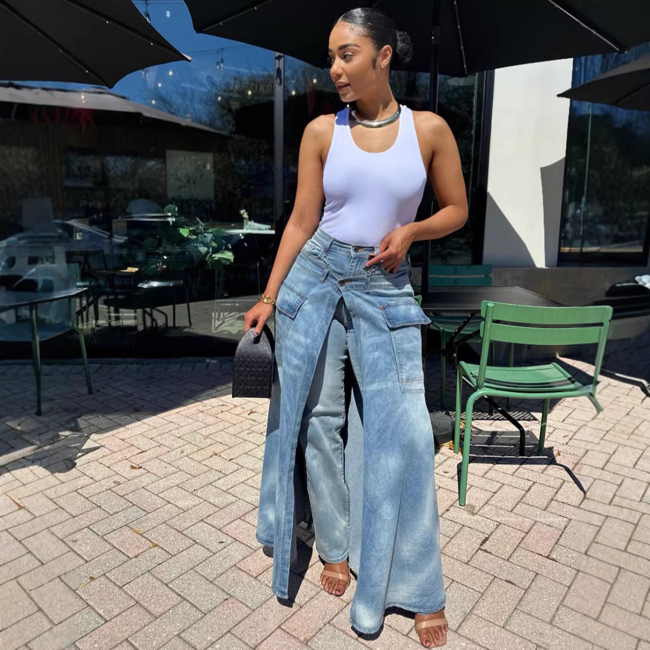 Women's faux two-piece denim pants skirt, street fashion symmetrical slit denim pants