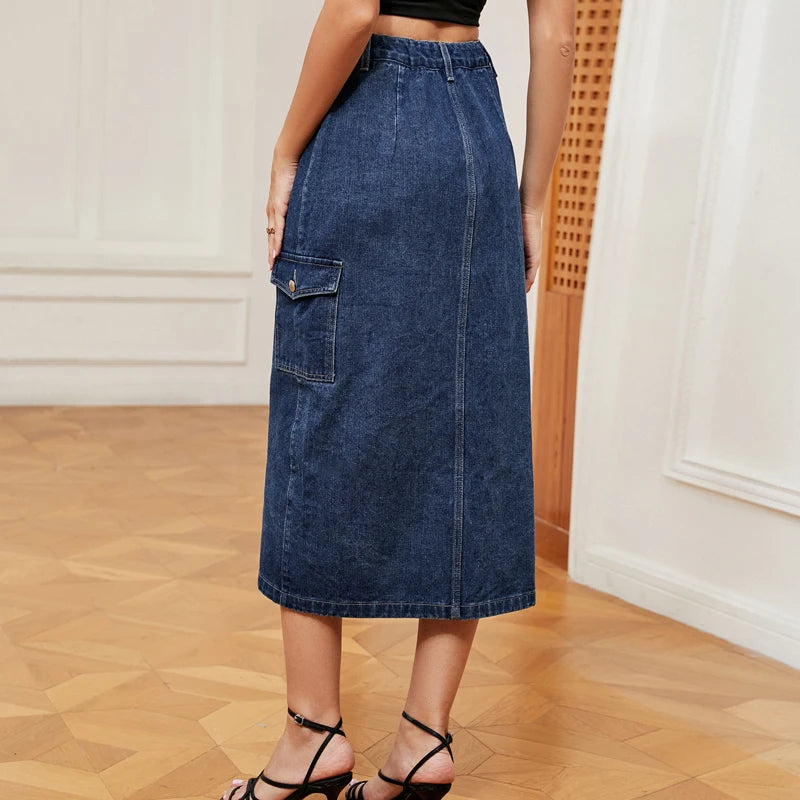 Women's Fashion New Autumn Casual Street Solid Color Non-Elastic Pocket Splicing Button Slim Slit Ladies Denim Skirt 2023