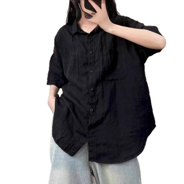 Casual Versatile Sand-Washed Linen Buttoned Short-Sleeved Shirt with Turn-Down Collar for Women