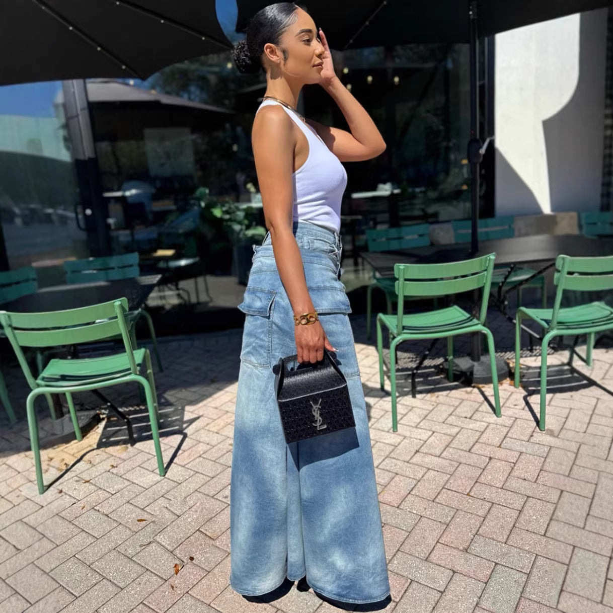 Women's faux two-piece denim pants skirt, street fashion symmetrical slit denim pants