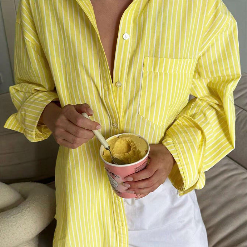 Long sleeved striped shirt cardigan for women