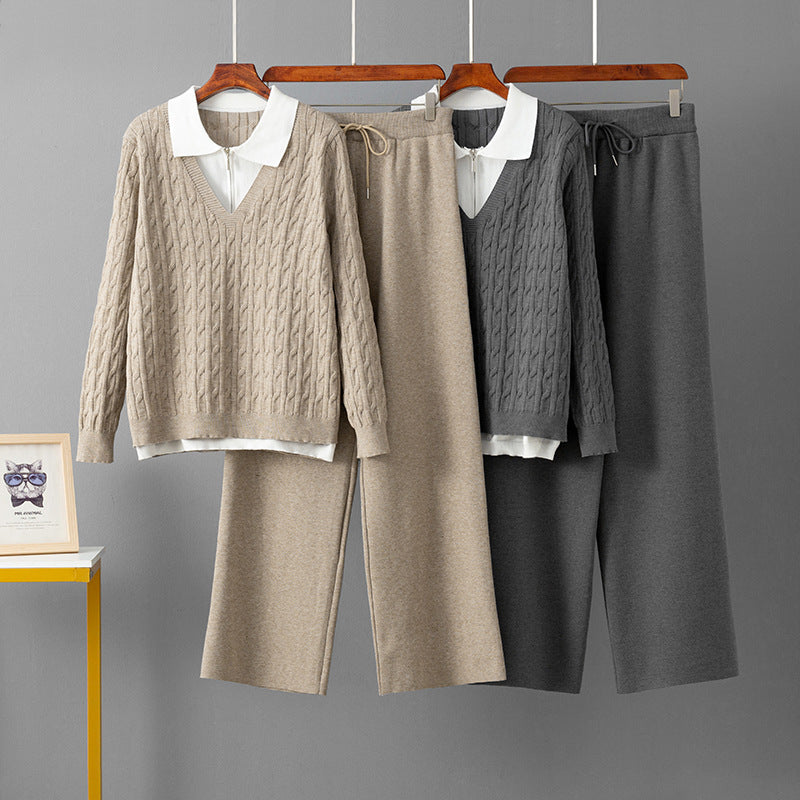 POLO collar splicing top loose straight leg pants two-piece set