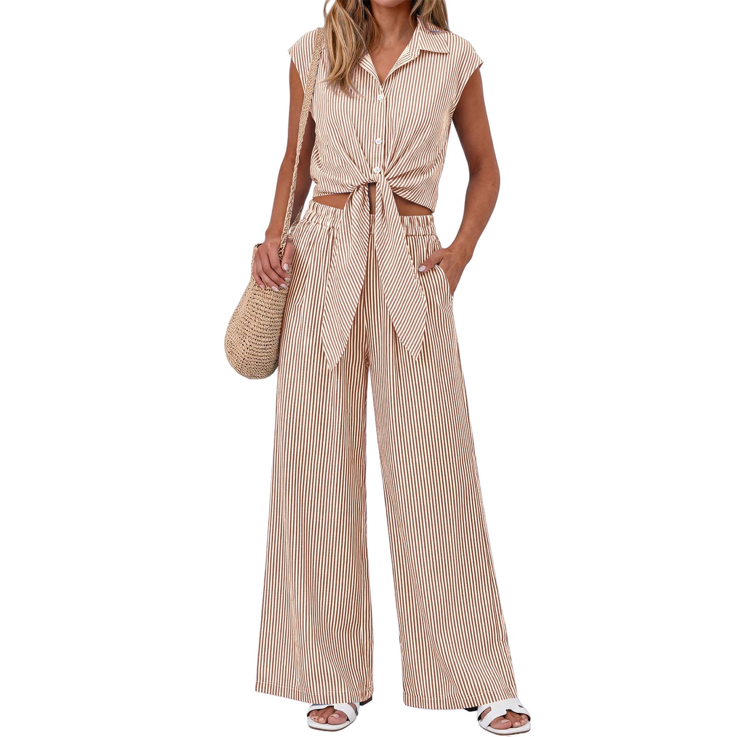 Spring Summer Women's Striped Buttoned Sleeveless Shirt and Pants Set