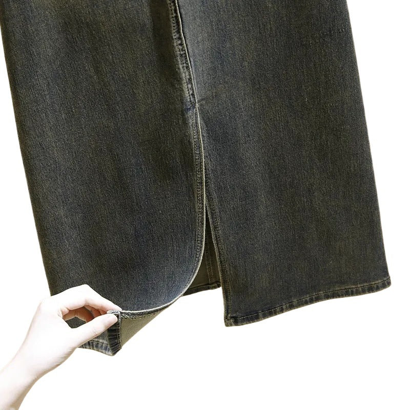 Mid-length denim skirt for women, high waist, retro loose slimming split A-line fitted skirt