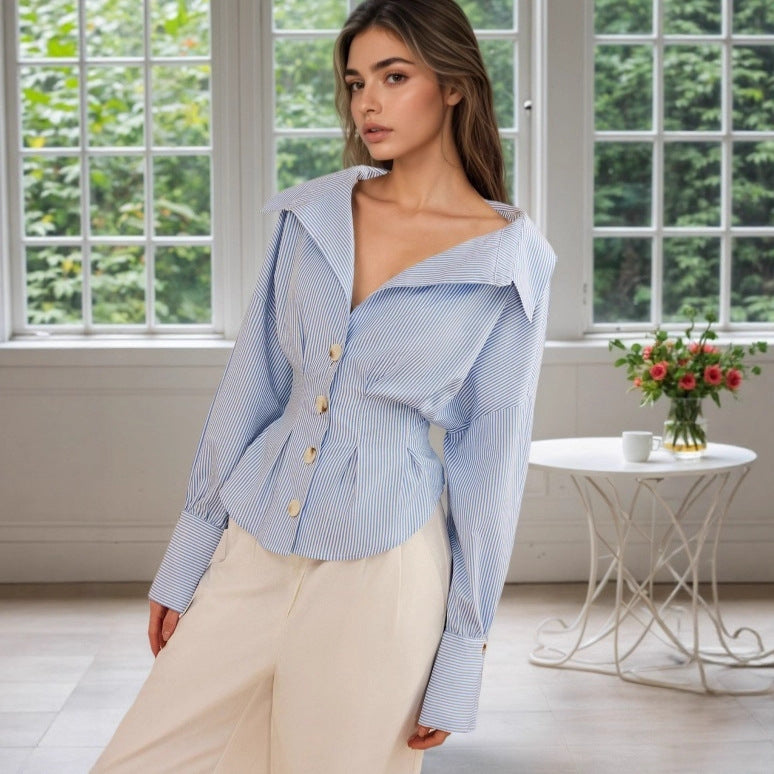 Collar pleated waist striped long sleeved top
