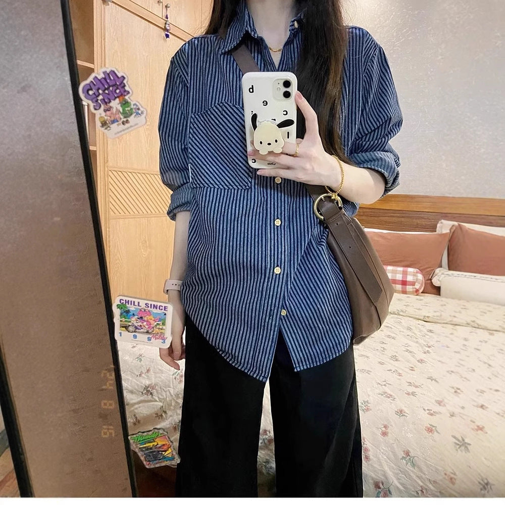 Retro Striped Long Sleeve Women's Shirt Casual Blue Blouse Loose Fit Top
