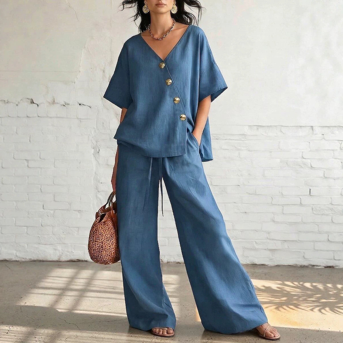 Women's Fashion Casual Solid Color V-Neck Loose Short Sleeve Top with Drawstring Pants Two-Piece Set