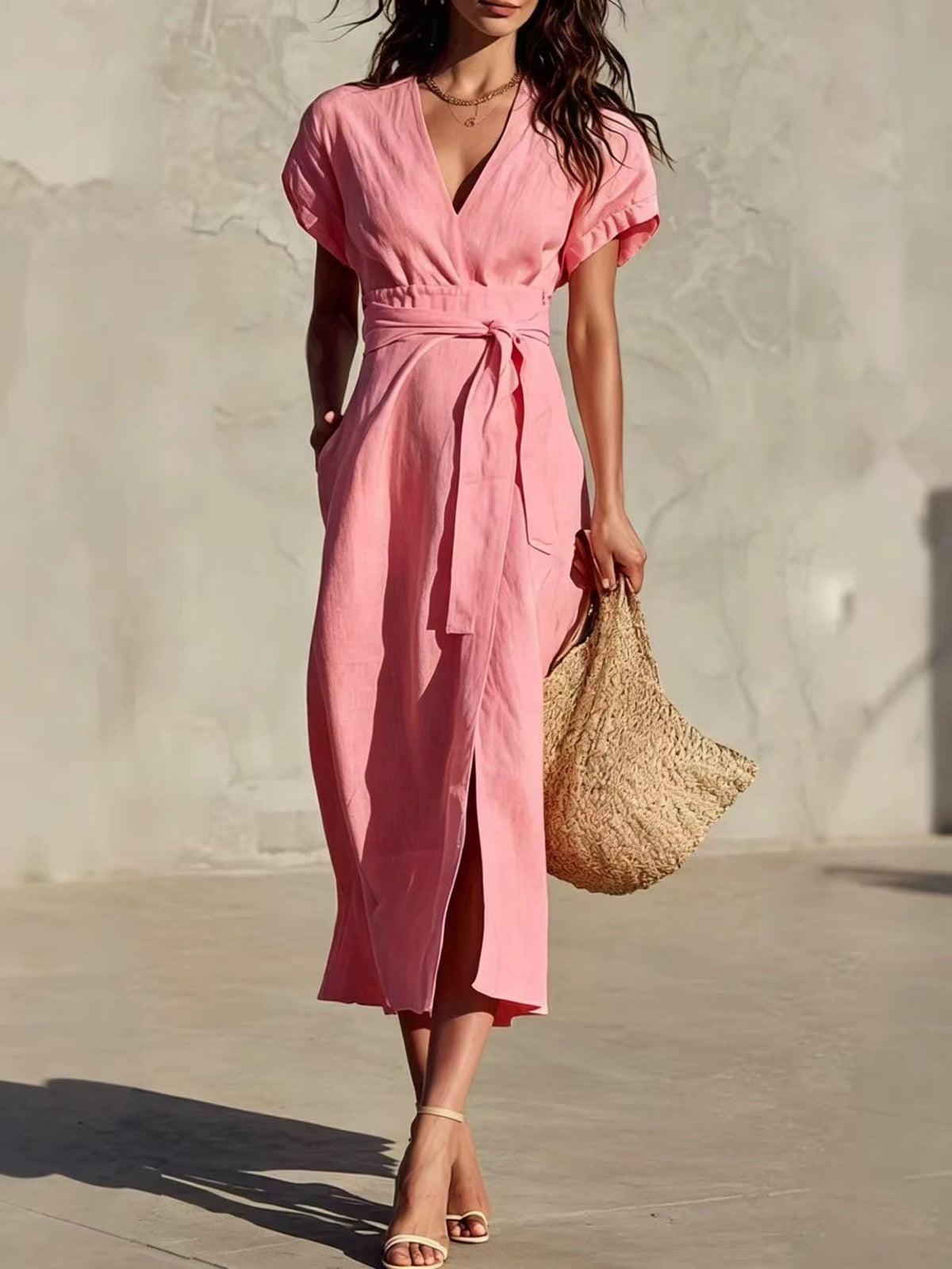 Casual Minimalist Solid Color Tie-Neck Pocket Midi Dress with V-Neckline