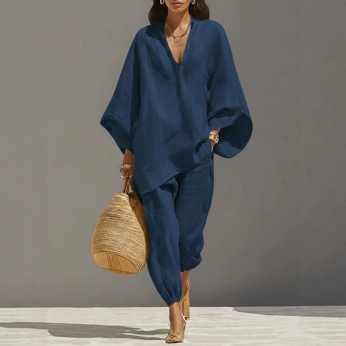 Spring Casual Loose Solid Color Shirt Women's Set