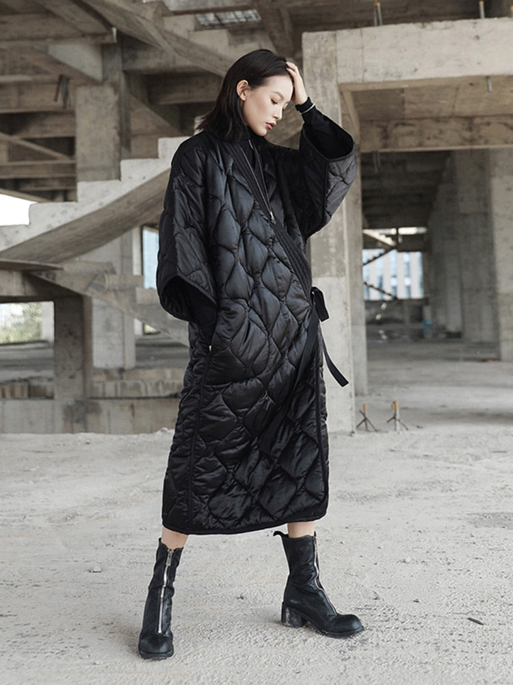 New Black Kimono Bandage Nightgown Women's One-Piece Down Cotton Padded Jacket Large Gourd Pattern Coat