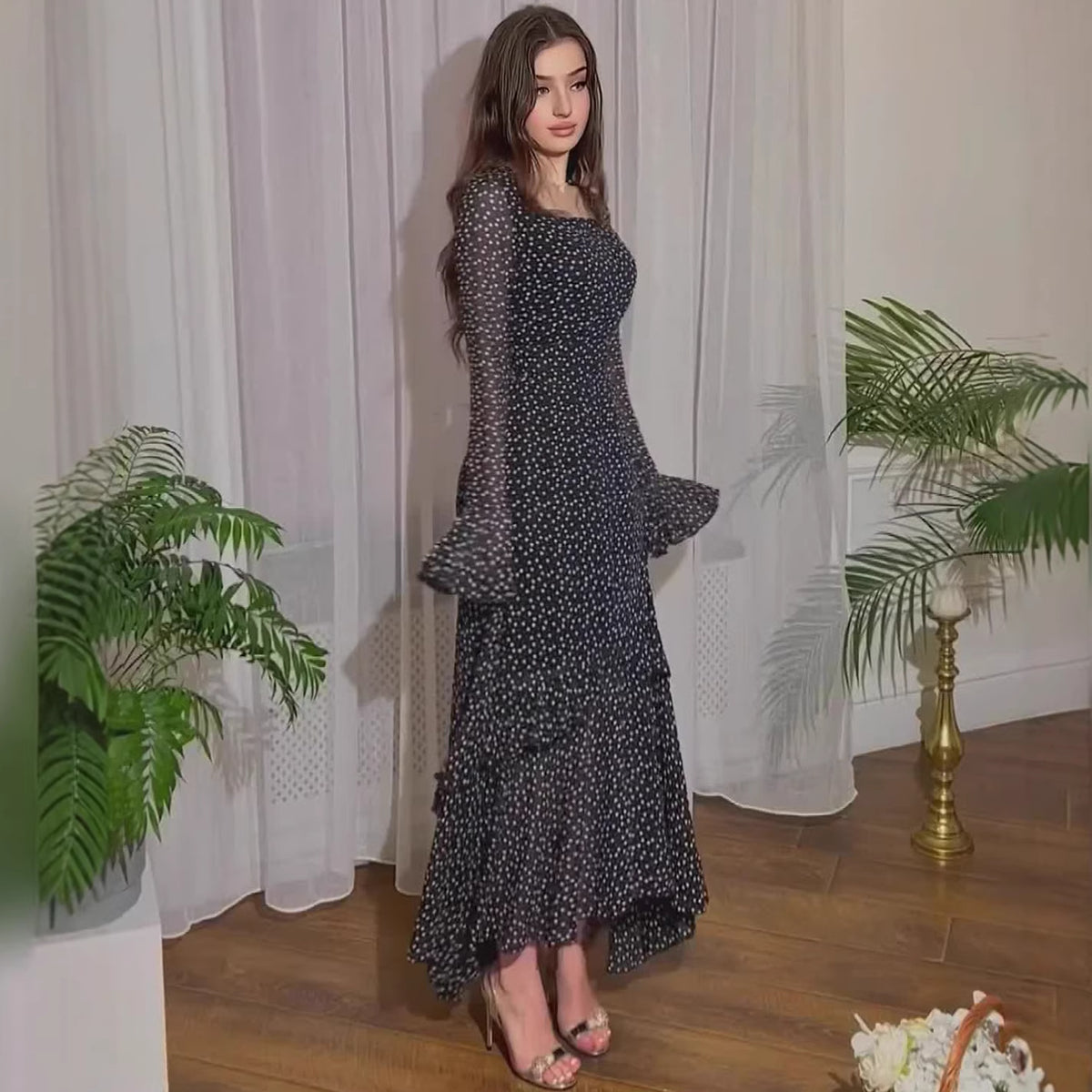 Dress Spring Long Length Patchwork Polka Dot Ruffle Sleeve ChiffonElegant
