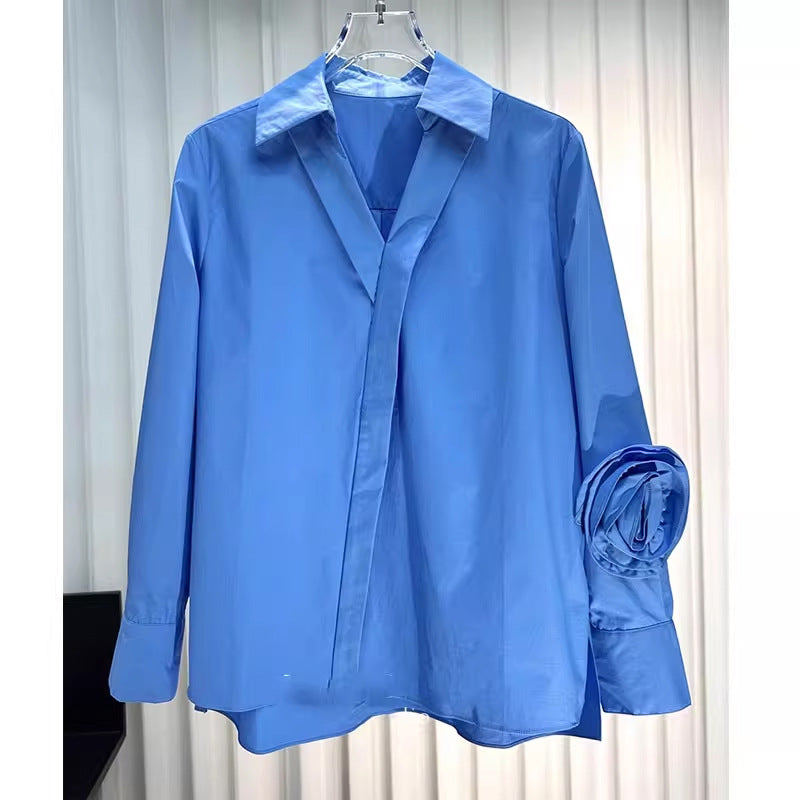 Early spring women's design sense three-dimensional flower shirt long sleeve solid color loose shirt