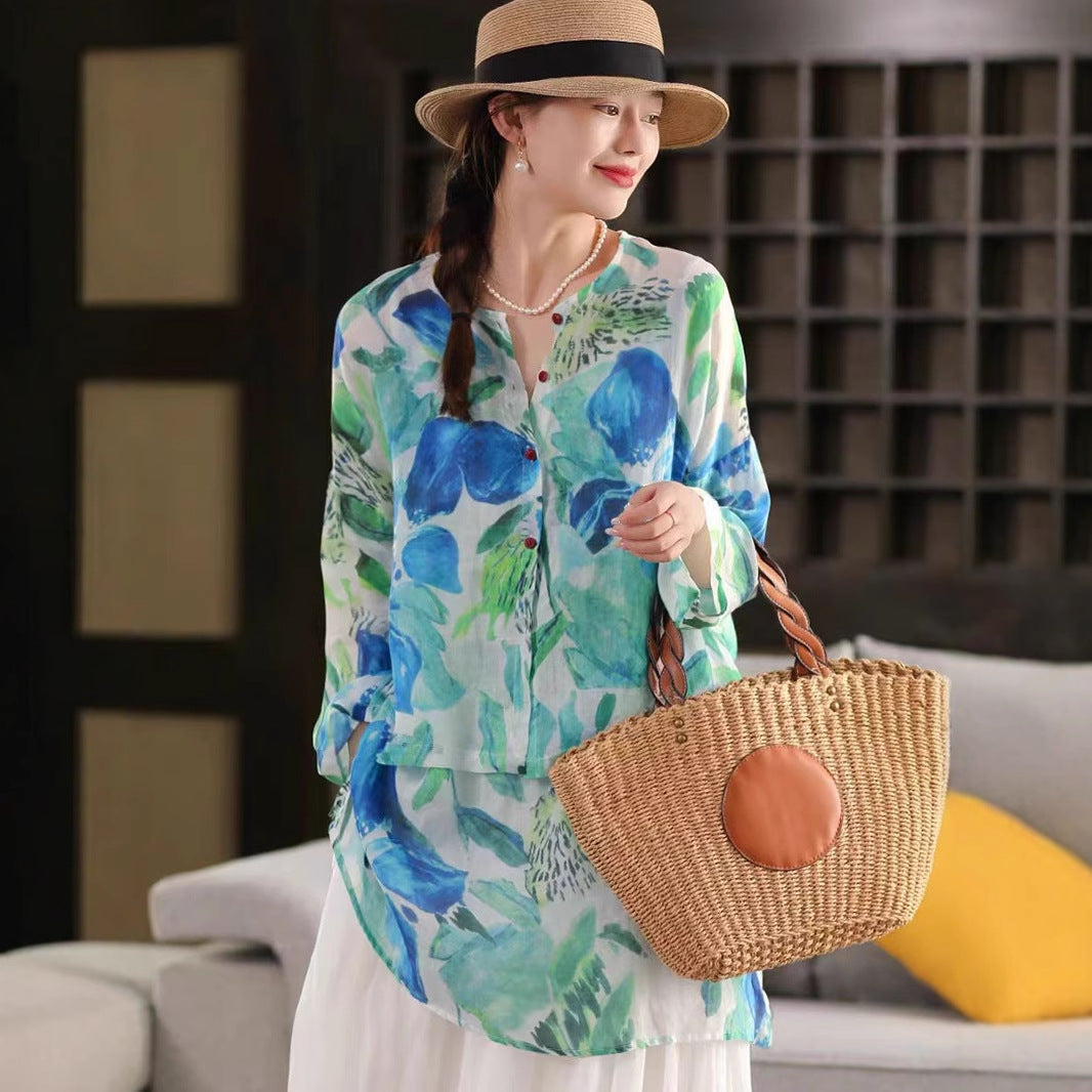 Linen Shirt Women Short Length Cardigan Jacket Summer Thin Sunscreen Blouse Printed Top Outerwear