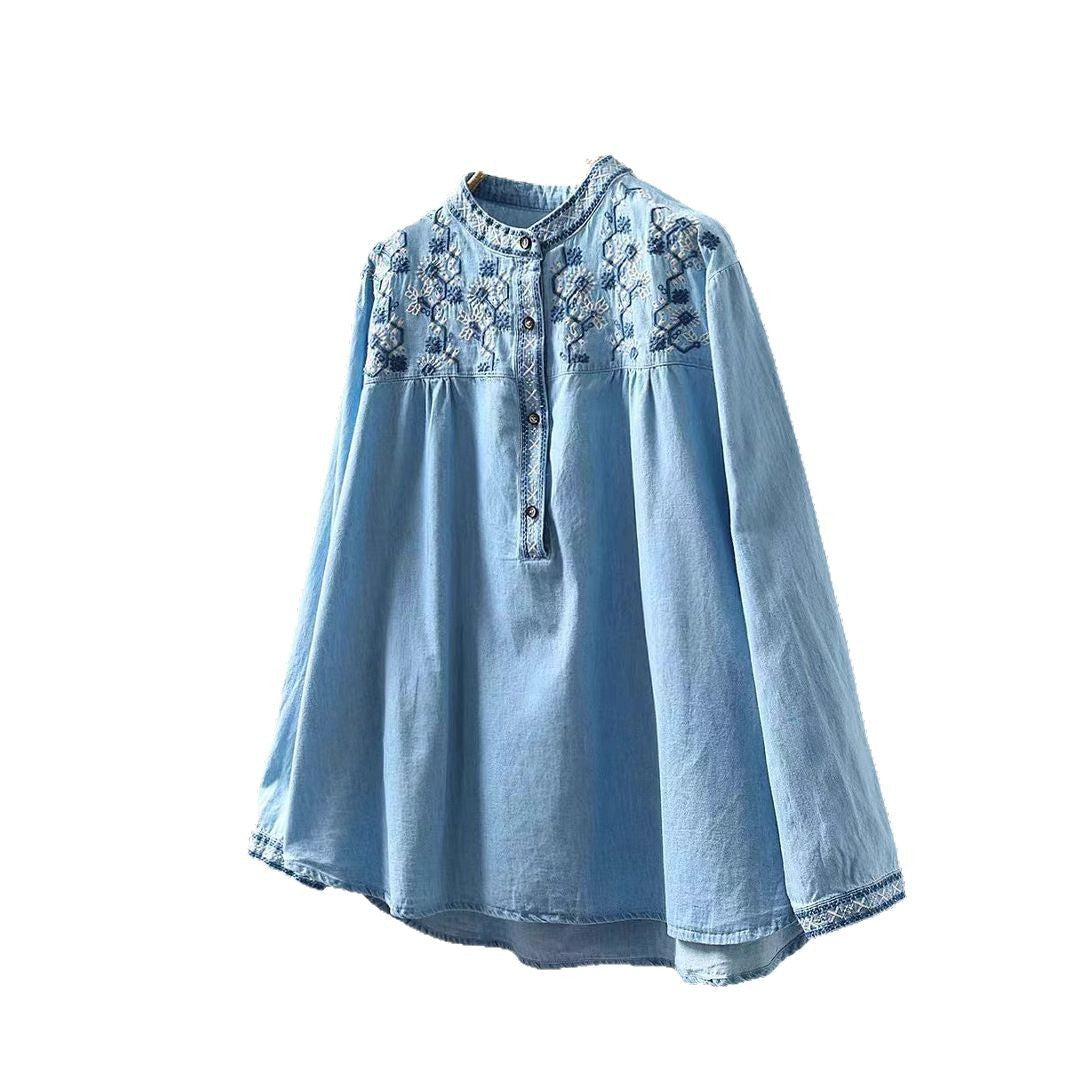 Spring New Cotton Embroidered Stand Collar Denim Shirt Women Loose Long Sleeve Retro Style Pullover Top
