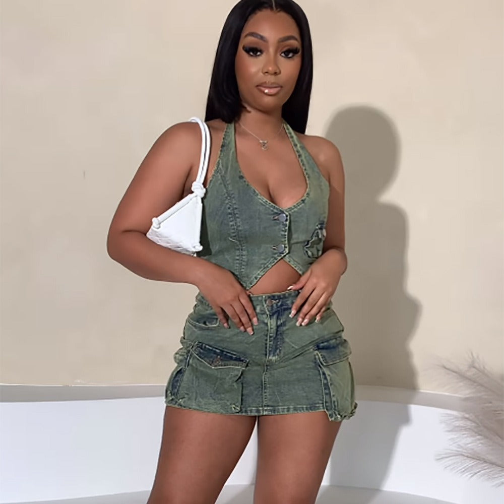 Women's Denim Outfit Set Fashion Vest Top with Multiple Pockets Bodycon Skirt