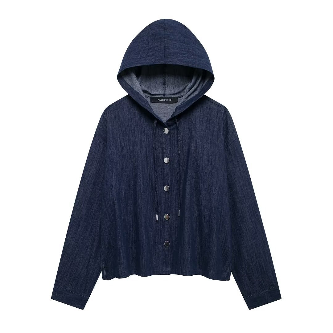 Casual Chic Women Denim Suit Solid Button Hooded Blouse Drawstring Straight Pants New Fashion Suits