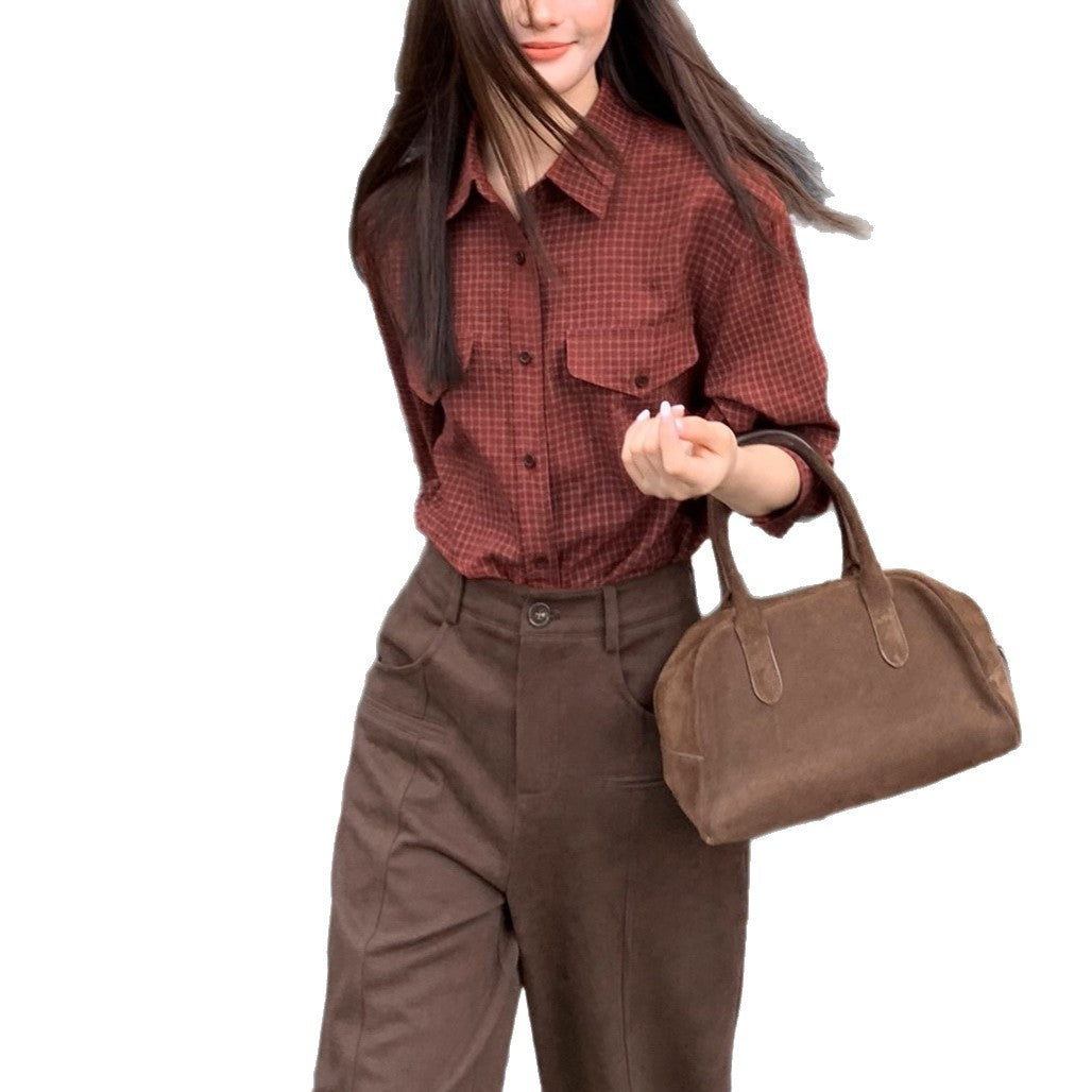 Vintage Plaid Long Sleeve Shirt for Women, Loose Fit, Slimming Design, Stylish Blouse