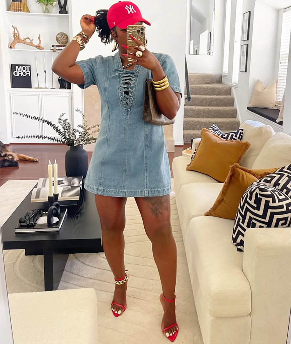 Women's Denim Dress Summer Street Fashion Tie-Front Short Sleeve Denim Dress