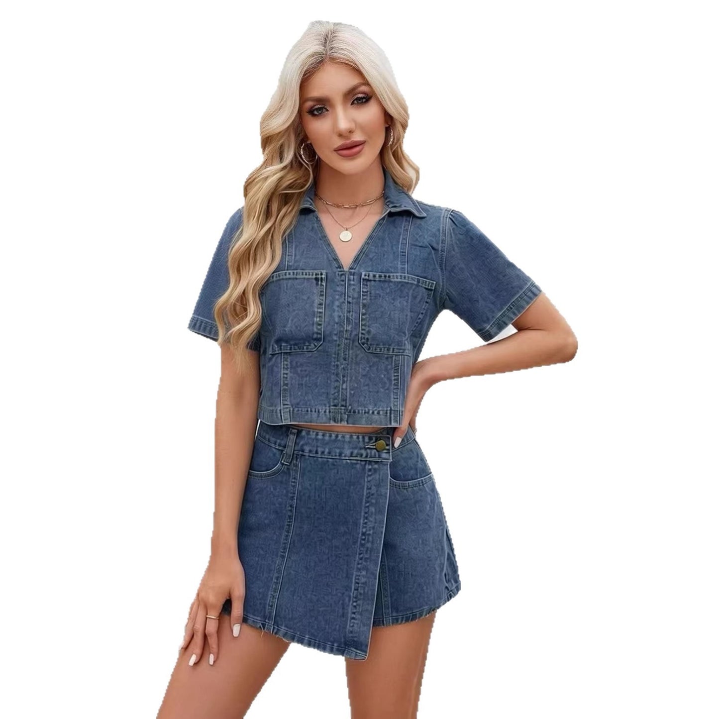 Fashionable Slim-Fitting Individualistic Turn-Down Collar Women's Denim Set Summer Casual Wear