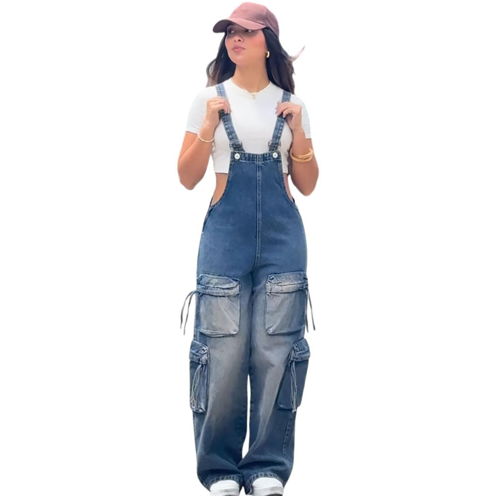 Casual Straight-Leg Denim Overalls for Women Street Style Multi-Pocket Denim Jumpsuit
