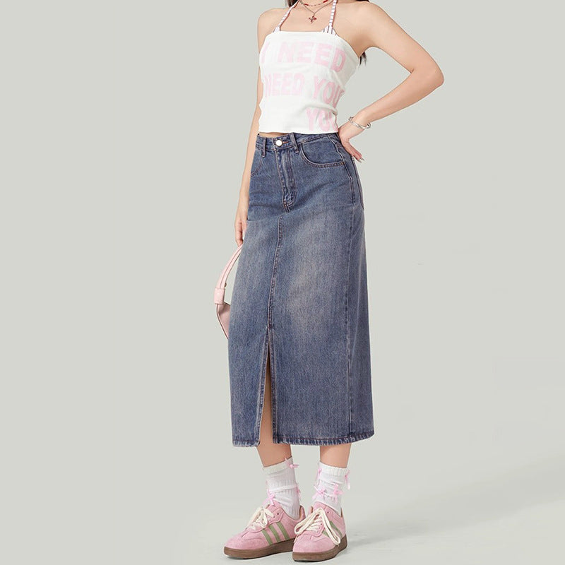 Trendy Versatile  High-Waisted Slit Denim Skirt Women's  Half Skirt Bodycon Denim Skirt