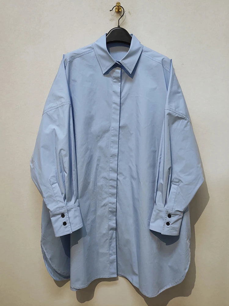 Women Shirt Lapel Long Sleeves Single Breasted Side Split Solid Loose Cotton Blouse