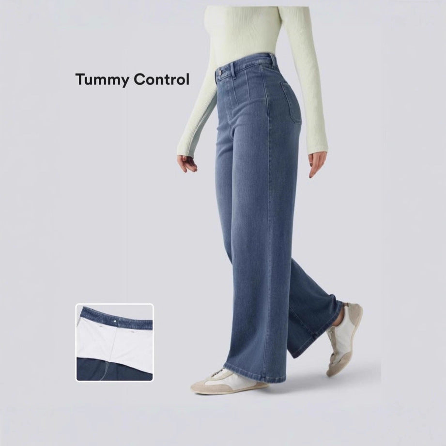 High Waist Elastic Denim Pants Women Casual Loose Wide Leg Pants Fashion