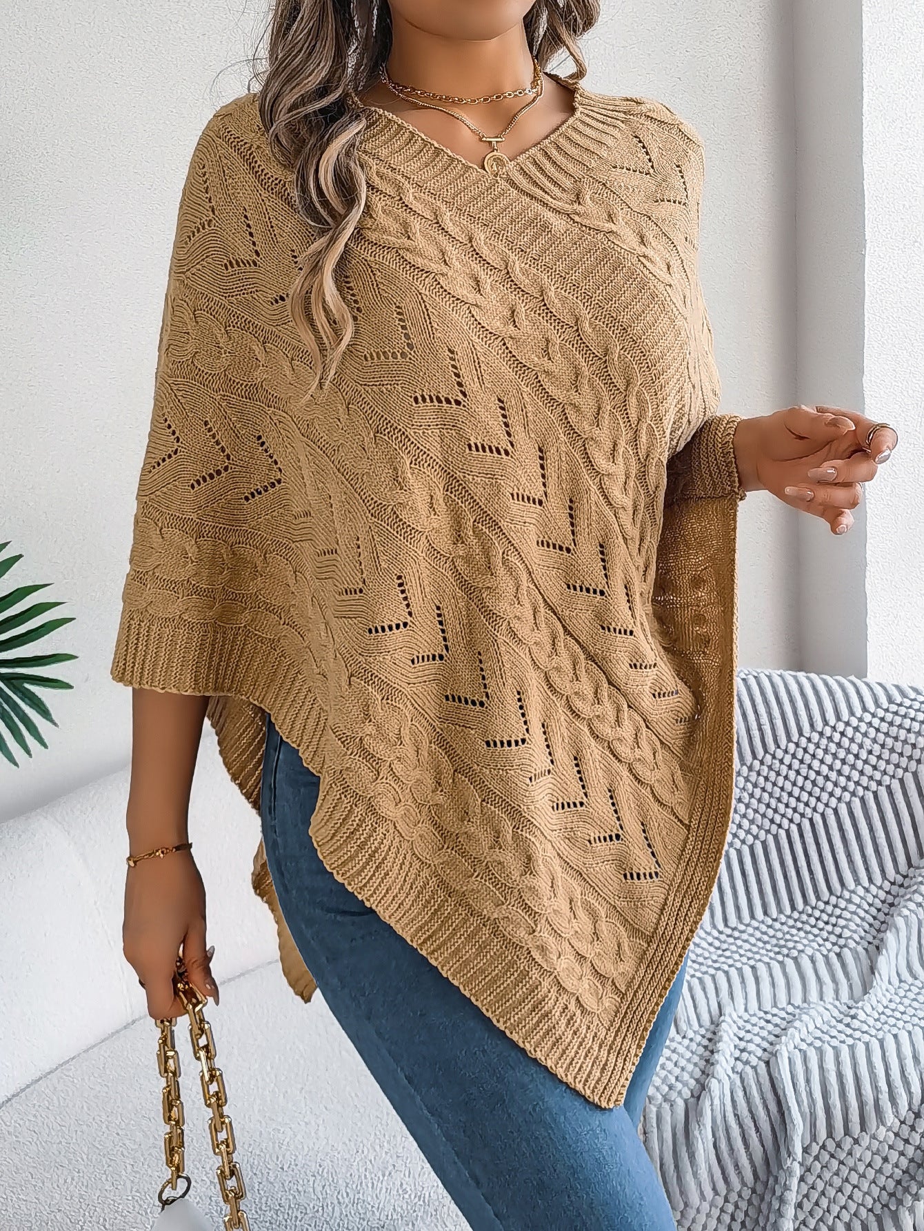 Women's autumn and winter celebrity style elegant casual solid color twist loose cape sweater coat