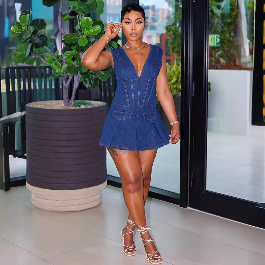 Women's Deep V-Neck Dress Fashionable and Sexy Pleated Stretch Denim Skirt Dress for Summer