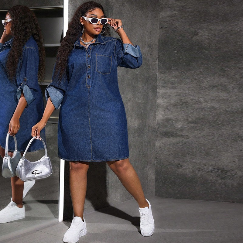 Style Denim Long Sleeve Loose Fit Retro Dress