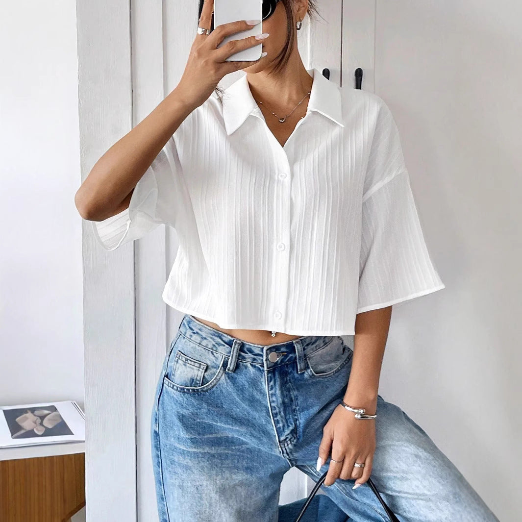 European and American Style Women's White Short-Sleeved Blouse Top