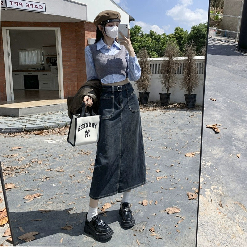 Vintage High-Waist Denim Midi Skirt for Women Split Design Slim Fit A-Line Skirt
