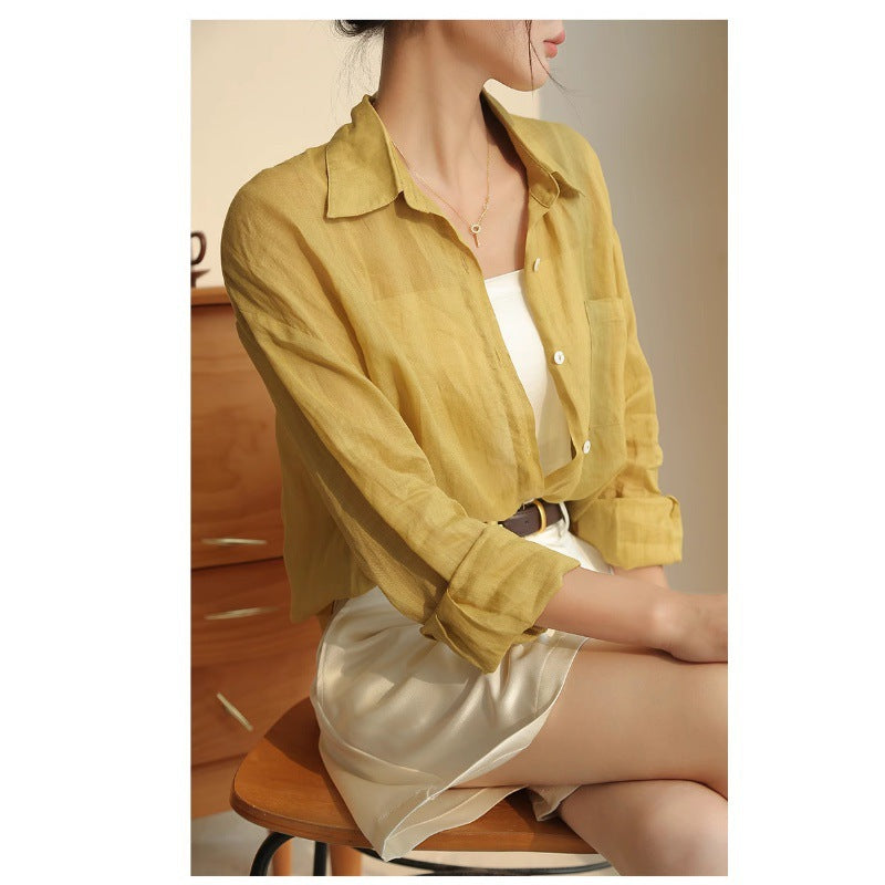 Yellow Ramie Shirt for Women Long Sleeve Lightweight Casual Blouse